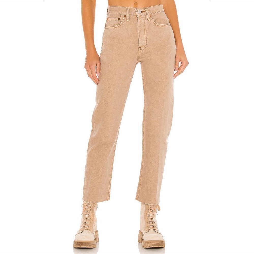 Re/Done 70s Stove Pipe jeans denim Washed Khaki tan cropped raw hem women new 32